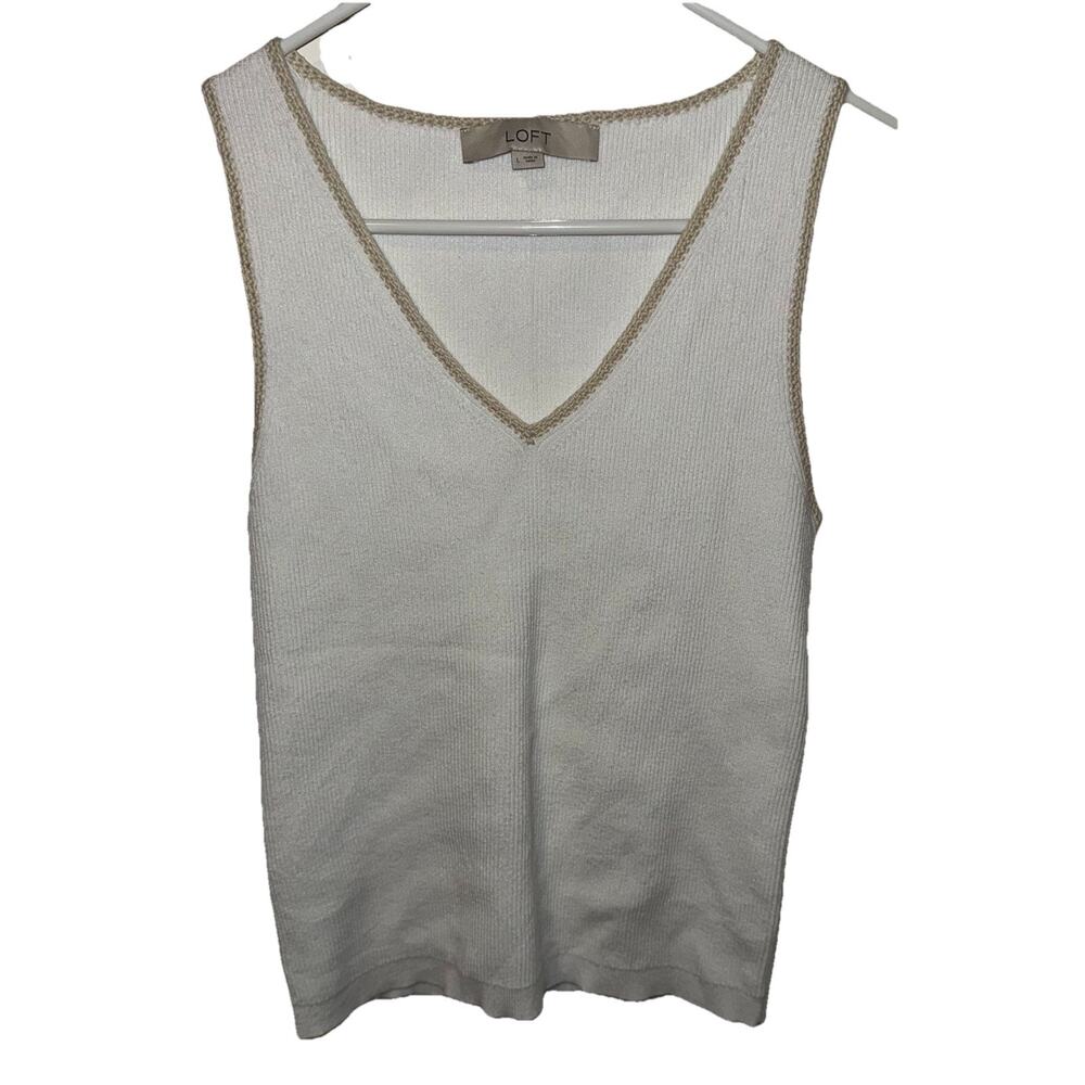 LOFT White Ribbed V-Neck Sleeveless Sweater Shell/Tank W/ Accent Trim Size Lg.
